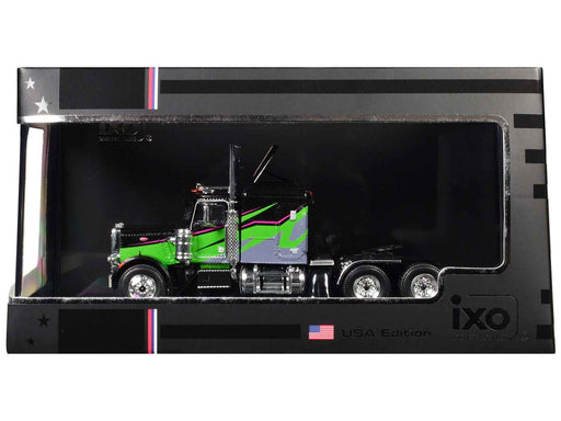 1973 Peterbilt 359 Truck Tractor Black and Lime Green with Graphics 1/64 Diecast Model by IXO Models