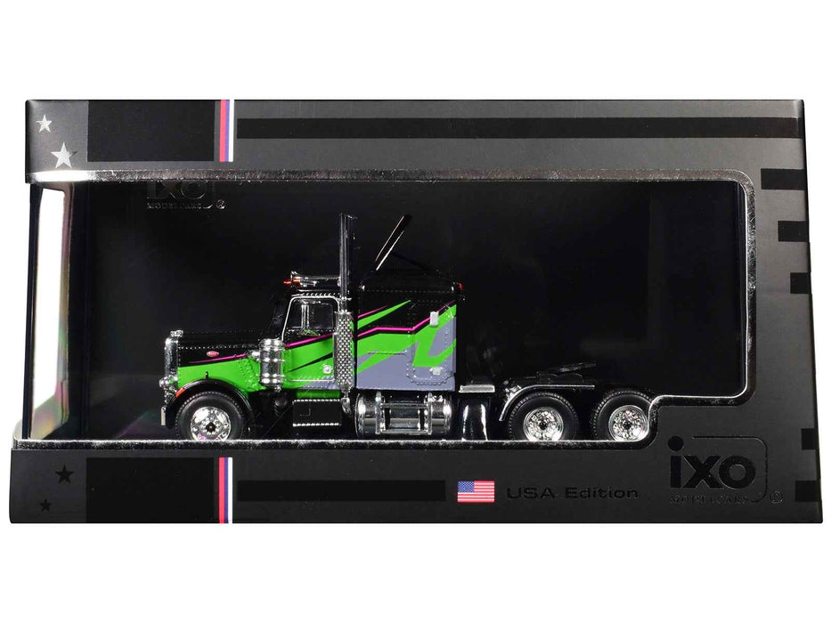 1973 Peterbilt 359 Truck Tractor Black and Lime Green with Graphics 1/64 Diecast Model by IXO Models