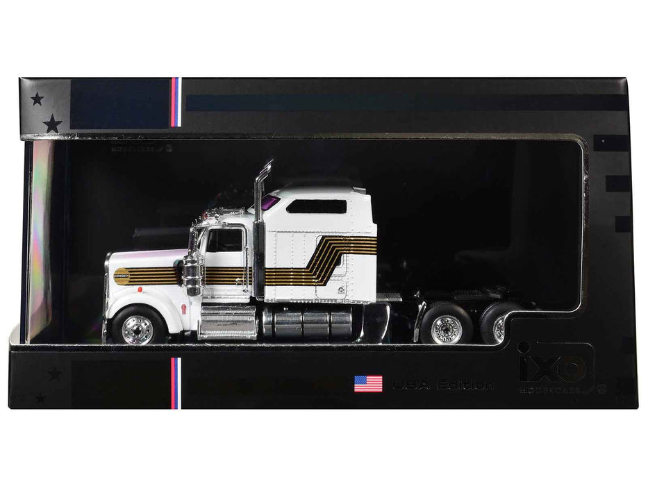 1995 Kenworth W900 Truck Tractor White with Black and Gold Stripes 1/64 Diecast Model by IXO Models